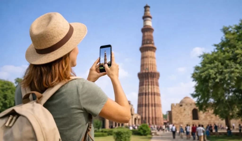 Tourist visiting Qutub Minar during Delhi airport layover short city trip experience